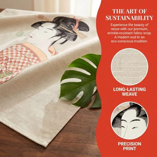 Furoshiki Japanese Wrapping Cloth, Large Size 27.6x27.6 Inch, Reusable Gift Wrap, Eco-Friendly Fabric for Bento Bag, Wine Bottle, Table Decor Washable & Wrinkle Resistant (UTAMARO Woman blowing a beadro, 27.6"x27.6") - Image 3