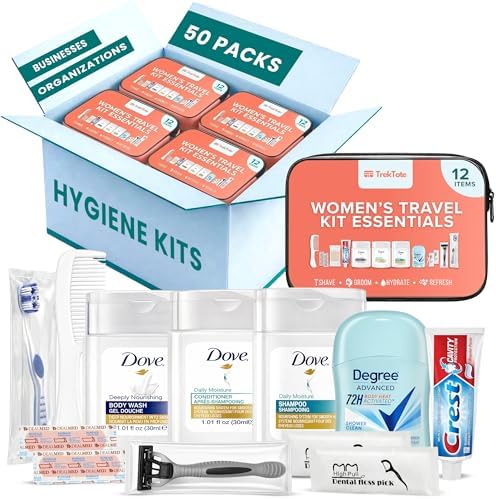 Women’s 12 Piece Travel Hygiene Kit, Travel Size Toiletries Set with Cosmetic Bag, Carry On Essentials for Flights, Weekend Overnight Stay, Emergency Kit (50 Pack) by TrekTote
