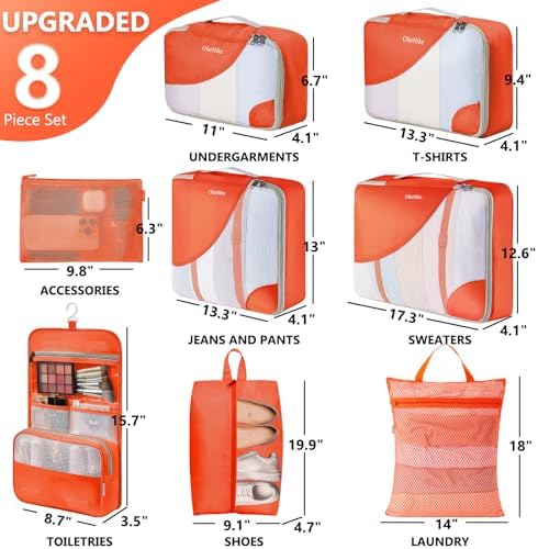 OlarHike Packing Cubes for Travel,Gifts for Women Mom,Anti-Tearing Suitcase Organizer for Luggage with Shoe & Hanging Toiletry Bag,Vacation Essentials & Accessories for Cruise Ship,8 Set,Orange - Image 2