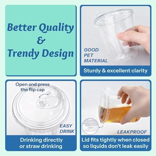 Homestockplus 100 Pack 12 oz BPA-Free Clear Plastic Cups with Sip Lids - Leak-Proof Round Bottom Disposable Iced Coffee Cups for Kids, To-Go Drinks, Smoothies, Juice & Small Portion Cold Beverages - Image 4