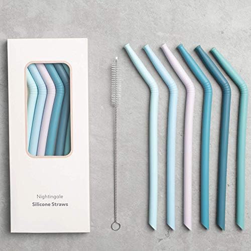Nightingale Reusable Silicone Straws - Bendy Drinking Straw with Cleaning Brush - Collapsible and Bendable Travel Straw for Kids - Dishwasher Safe, Food-Safe - Set of 6 (Marine Multi) by Nightingale