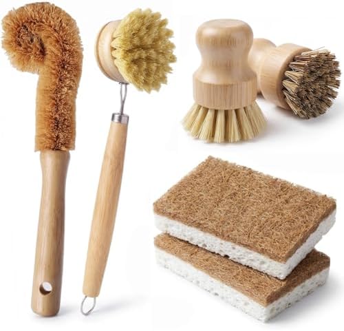 Natural Bamboo Dish Brush Set - 6 PCS Kitchen Cleaning Brush Kit with 4 Utensil Brushes and 2 Coconut Fiber Dish Sponges, for Cleaning Pots, Pans, Dishes, Bottles, Vegetables, and Fruits by Augonla