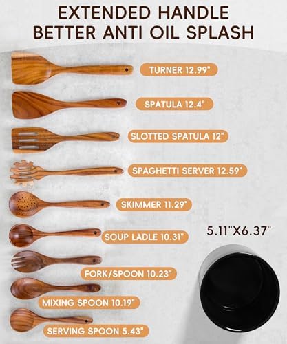 Wooden Cooking Utensils Set with Ceramic Holder,10pcs Teak Wood Utensils - Image 4