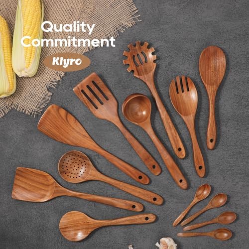 KLYRO 13 Pcs Wooden Cooking Utensil Set with Gift Box – Natural Wooden Spoons for Cooking & Serving, Nonstick Friendly, Perfect Housewarming & Holiday Gift - Image 4