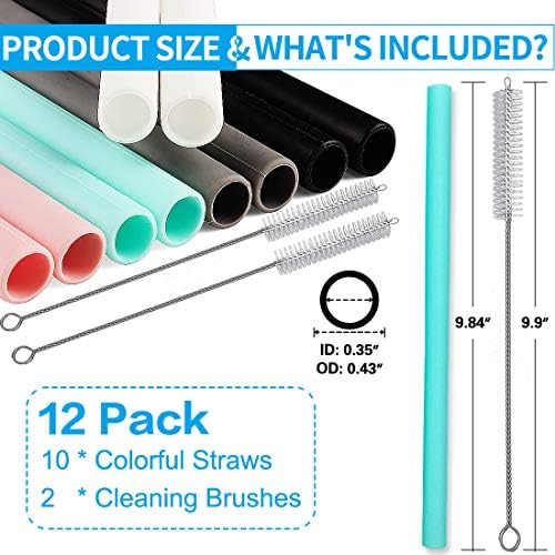 Silicone Straws Set of 10 Straight Smoothies Straws Large Silicon Reusable Drinking Straws with Cleaning Brushes Extra Long for 20oz and 30oz Tumbler - Flexible - Image 2