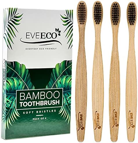 4 Count I Bamboo Toothbrush I Soft Bristles Best for Sensitive Gums I Charcoal I Vegan I Natural Wood I BPA Fee I Recyclable I Compostable I Biodegradable | Environmentally Friendly by EveEco
