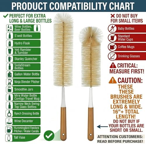ALINK Extra Large Long Bottle Brush Set - 16" / 15" Long Bamboo Handle Bottle Cleaner for Narrow Neck Beer Wine Bottles, Decanter, Tumblers, Thermos, Jugs with Straw Brush, Kettle Spout/Lid Brush - Image 3