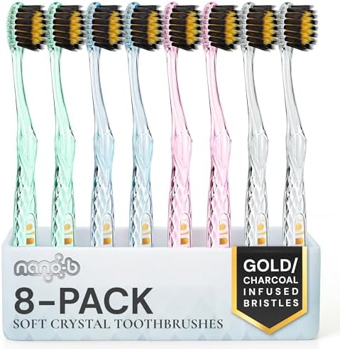 Nano-b Manual Toothbrush Set for Adults with Sensitive Gums, Gold & Charcoal Soft/Medium Bristles, Travel Cases, Blue, Pink, Green, Crystal, 8-Pack by Nano-bPremiumOralCare