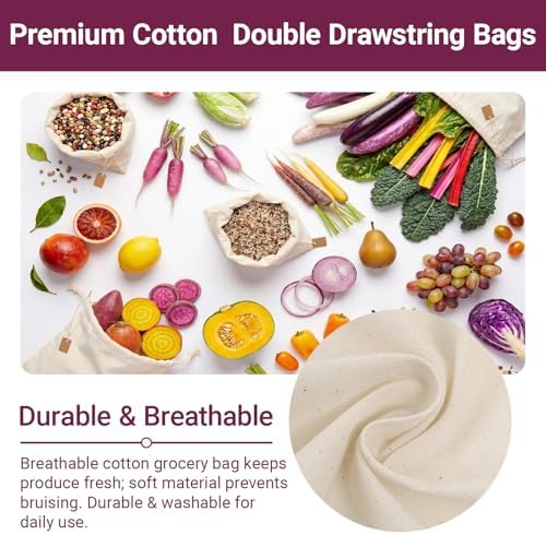 Set of 8 Ambrosia Cotton Produce Bags Drawstring Muslin - Image 2