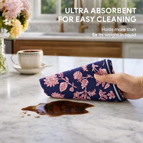 RECYCO Waffle Kitchen Towel Set of 2 - Quick Dry Microfiber Sustainable Dish Towels - Ultra Absorbent Reusable Cleaning Tea Towels - Lightweight Hand Towels,16”x 28”, Americana Bloom - Image 4
