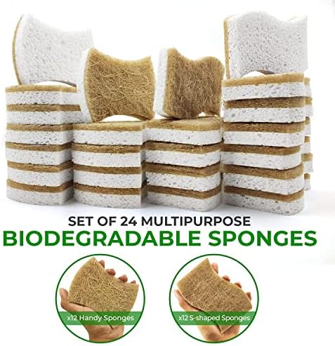 AIRNEX 24 Pack Biodegradable Natural Kitchen Sponge - Compostable Cellulose and Coconut Walnut Scrubber Sponge - Eco Friendly Sponges for Dishes - Image 2