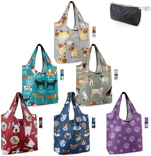 BeeGreen Dog Lover Gifts for Women Animals Reusable Grocery Bags Shopping Bags Bulk 6 Pack 50LBS X-Large Foldable-Machine Washable Shepherd Collie Bulldog Dog Paws Pet Bags by BeeGreen