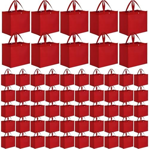 Zhehao 60 Pcs Reusable Grocery Bags Bulk Large Foldable Shopping Tote Bags Non Woven with Handle and Plastic Button(Red) by Zhehao