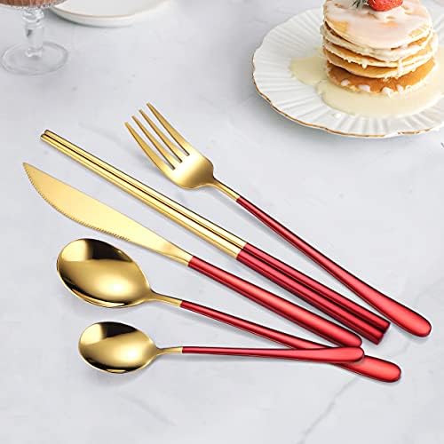 AARAINBOW 6 Pieces 18/8 Stainless Steel Flatware Set Portable Reusable Cutlery Set Travel Utensils Set Including Chopsticks Knife Fork Spoon Straws Cleaning Brush Dishwasher Safe (Red golden) - Image 5