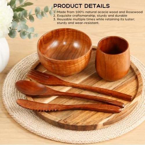 12 Pcs Acacia Wood Dinnerware Set 11.6 Inch Round Wooden Plates Bowls Tea Cups Fork Spoons Cutlery Knife Acacia Wood Tableware Supplies Lightweight for Dishes Snack Dessert, 2 Set - Image 4