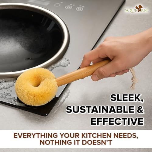 Coconut Fiber Dish Brush with Handle – Natural Dish Scrubber Brush for Kitchen Sink & Pots – Eco-Friendly Dish Cleaning Brush with Built-in Scraper, Sink Scrubber, and pan Cleaning Brush - Image 5