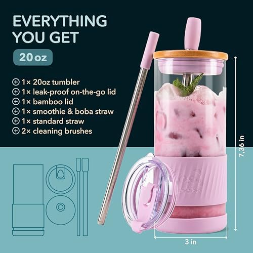 Pandaloo® Glass Cups With Lids and Straws -20 Fl Oz- Perfect Size Iced Coffee Cup - Smoothie Cup With Bamboo Lid and On the go Lid - Glass Tumbler With Straw (1 Count (Pack of 1), Lilac Rhapsody) - Image 2