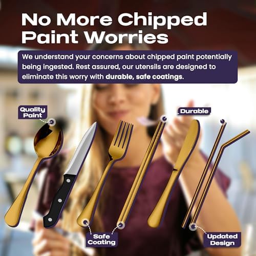 Taplord Portable Travel Silverware Set With Case, Includes 10 Pcs of Travel Utensils With Case, Stainless Steel Flatware Set For Camping, Lightweight (Gold) (Pack of 2) - Image 3