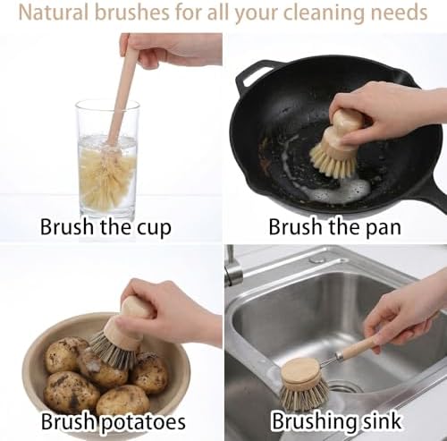 7-Piece Bamboo Dish Brush Set, Natural Kitchen Scrub Brush Kit with Wooden Handle for Pots, Pans, Vegetables, Eco-Friendly Cleaning Tools - Image 7