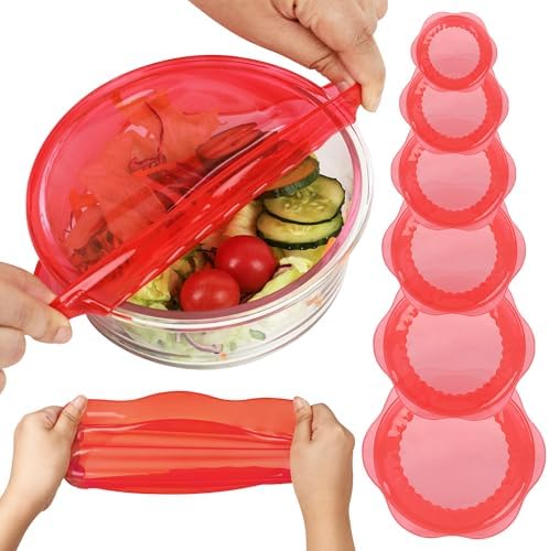 Silicone Stretch Lids for Food Storage in Fridge, Reusable Elastic Bowl Covers for Cup, Cans, Jars, Round & Rectangle Container, Food Grade Silicone Microwave Food Cover, Red, 6PCS by ROTTOGOON