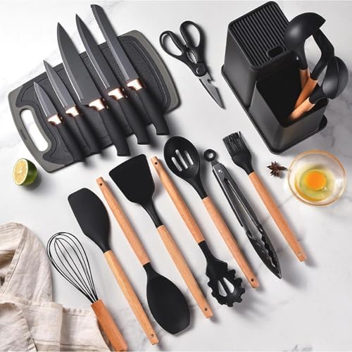 Kitchen Utensils Set & Knife Set with Block, 19 Piece All-in-One Cooking Set, 12 Nonstick Silicone Utensils + 5 Sharp Stainless Steel Chef Knives + Cutting Board, Dishwasher Safe Gift Set (Black) - Image 4