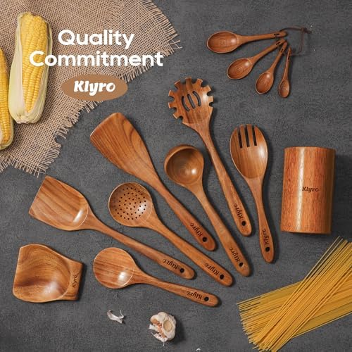 KLYRO Wooden Spoons for Cooking, Nonstick Kitchen Utensils Set with 4 Piece Measuring Spoons, Comfort Grip Wooden Spatula Set, 9 Piece Teak Wooden Cooking Utensils with Holder and Spoon Rest - Image 6