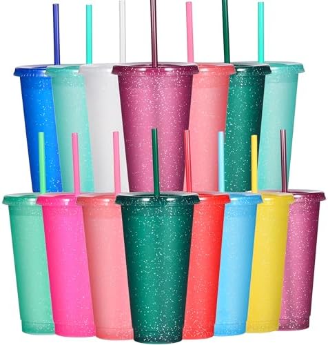 Suertestarry Tumbler with Straw and Lid,Water Bottle Iced Coffee Travel Mug Cup,Reusable Plastic Cups,Perfect for Parties,Birthdays,24oz-15 Pack (15 Pack Glitter, 15 pack) by Suertestarry
