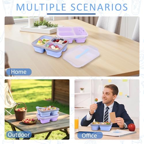 Large Collapsible Silicone Bento Lunch Box, 2 Pack with 3 Compartments Each,45.6oz Food Storage Containers with Spoons Forks, Portable for Work, Picnic, Travel, BPA Free（Blue+ Purple） - Image 4