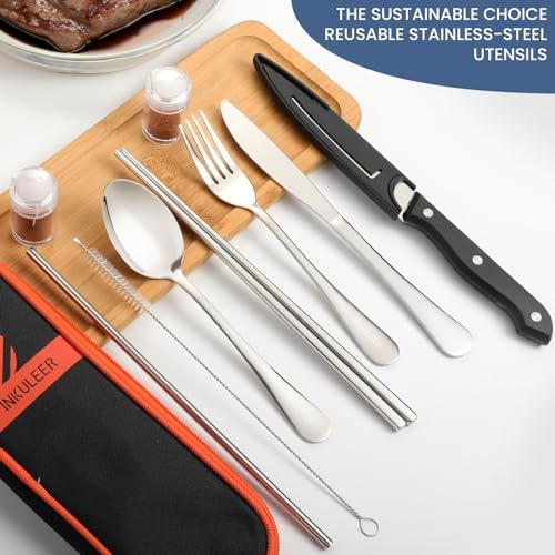 INKULEER Travel Cutlery, Portable Cutlery Set | Portable Silverware Set, 18/8 Stainless Steel Lunch Reusable Travel Cutlery Set, Fork and Spoon/Knife Set for Camping | Full-size camping cutlery set. - Image 2