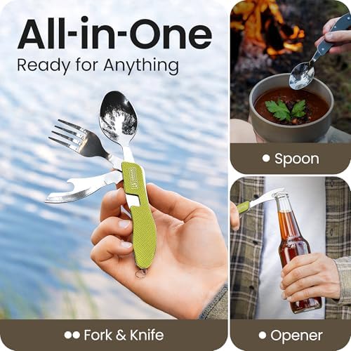 Orblue 4-in-1 Camping Eating Utensils, 2-Pack - Portable Spoon, Fork, Knife & Bottle Opener Combo Set - Stainless Steel Flatware with Detachable Fork - Travel, Backpacking Cutlery Multitool, Green - Image 2