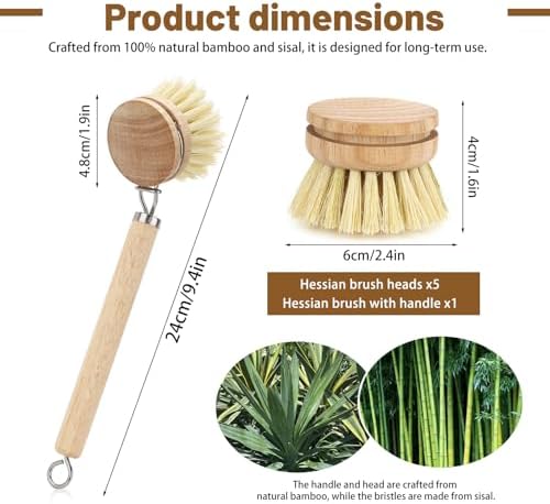 Dish Brush with Handle, Replaceable Natural Bamboo Vegetable Brush with 5 Sisal Brush Heads and Hanging Hook, Multipurpose Kitchen Scrubber for Pots, Pans and Cutting Boards (Natural Wood Colour) - Image 2