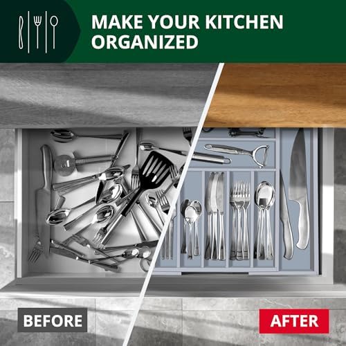 ROYAL CRAFT WOOD Luxury Bamboo Kitchen Drawer Organizer - Silverware Organizer - Utensil Holder and Cutlery Tray with Grooved Drawer Dividers for Flatware and Kitchen Utensils (9 Slot, Gray) - Image 7