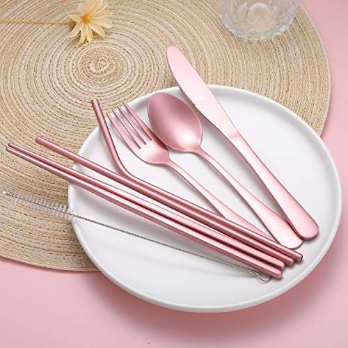 Portable Stainless Steel Flatware Set, Travel Camping Cutlery Set, Portable Utensil Travel Silverware Dinnerware Set with a Waterproof Case (Pink) - Image 6