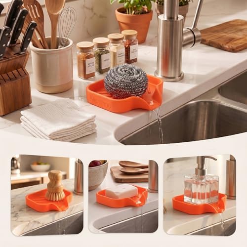 MicoYang Silicone Soap Dish with Drain Spout, Self-Draining Sink Organizer Tray for Bathroom and Kitchen, Sponges, Dispensers and Soap Holder, Non-Slip and Dishwasher Safe, Orange (Compact, 4.9"×3.2") - Image 3