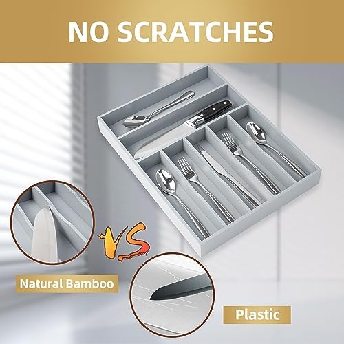 Bamboo Silverware Holder Drawer Utensil Organizer with 7 Slots Gray - Image 3