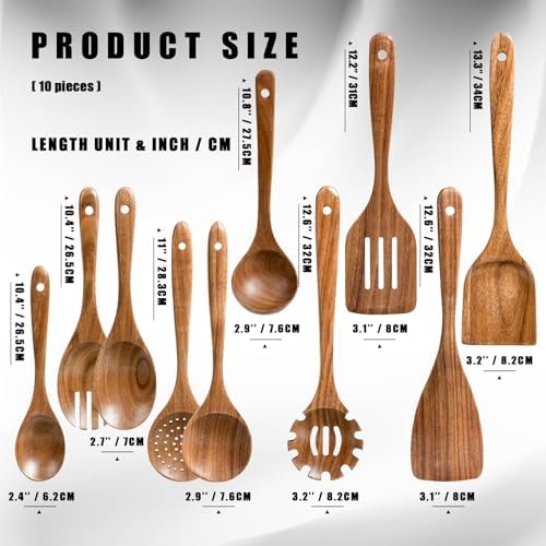 HSM Wooden Spoons for Cooking, 10-Piece Acacia Wood Kitchen Utensil Set - Image 2