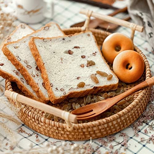 DECRAFTS Round Rattan Tray Woven Bread Basket with Handles Small Cracker Tray for Serving Dinner Parties Coffee Table Tea (Natural 11 inches Diameter)