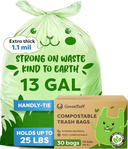 13 Gallon Compostable Trash Bags (30 Count) — Leakproof Plant-based Thick (1.1 Mil) Tall Kitchen Garbage Bags — ASTM D6400 BPI Certified — Heavy-Duty Large Food Scrap Liner Bag with Handle-Tie by WhereResponsibilityGetsFun