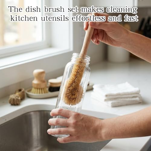 14 Pcs Bamboo Dish Brush Set Sisal Bristles with 98.42 Ft Hemp Rope Natural Scrubbers Brushes Wooden Palm Pot Brush for Bottle, Sink, Pans Kitchen Cleaning - Image 6