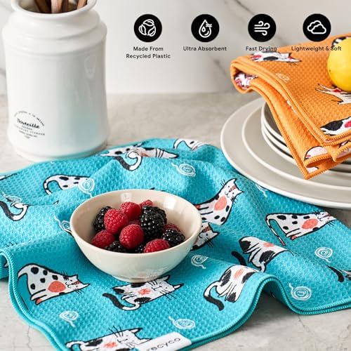 RECYCO Waffle Kitchen Towel Set of 2 - Quick Dry Microfiber Sustainable Dish Towels - Ultra Absorbent Reusable Cleaning Tea Towels - Lightweight Hand Towels,16”x 28”, Cuddly Cats - Image 2