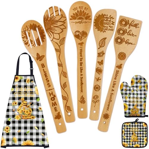 8PCS Sunflower Kitchen Bamboo Cooking Spoon Utensil Set with Apron Oven Mitt Pot Holder -Sunflower Themed Decor Gifts for Women,Mom,Housewarming,Christmas,Birthday Gift - Image 2