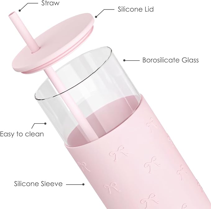 SANDJEST Glass Tumbler with Straw and Lid, Bow Glass Water Bottle with Silicone Sleeve 20oz, Smoothie, Iced Coffee Cup, Gifts for Women Teen Girls Birthday Christmas