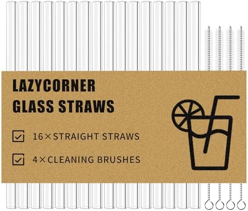 Lazycorner Reusable Glass Straws Set 16 Pcs 8.5''x 10MM Straight Clear Glass Drinking Straws, Set of 16 with 4 Cleaning Brushes. Reusable Straws Perfect For Smoothies, Tea, Juice-Clear Cocktail. by Lazycorner