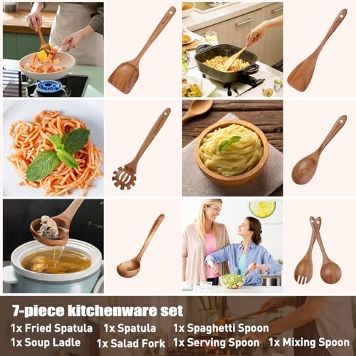 Wooden Spoons for Cooking,WOTTISH 7Pcs Wooden Cooking Utensils,Nonstick Wooden Spatula,Wooden Kitchen Utensils Set Non Toxic,Wooden Utensil Set(A07) - Image 4