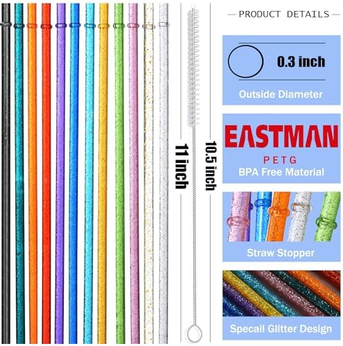 ALINK 12-Pack Reusable Plastic Glitter Straws, 11" Long Colorful Hard Plastic Tumbler Straws for 16 OZ 20 OZ 30 OZ Stanley, YETI, Mason Jar, Starbucks with Cleaning Brush - Image 2