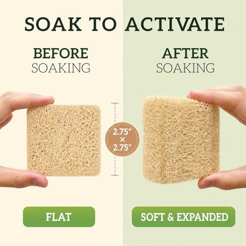 Natural Loofah Dish Sponge, 100 Count Plant-Based Kitchen Cleaning Pads, Biodegradable Compostable Scouring Pads for Dishes, Pots, Pans and Sink, 2.75 x 2.75 Inch - Image 2