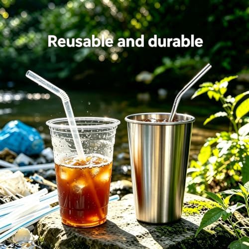 12 Pack Reusable Stainless Steel Metal Drinking Straws: 3 Bent + 3 Straight 8.5 in and 3 Bent + 3 Straight 10.5 in, Includes 2 Cleaning Brushes, Fits 20-30 oz Tumblers, Dishwasher Safe - Image 6