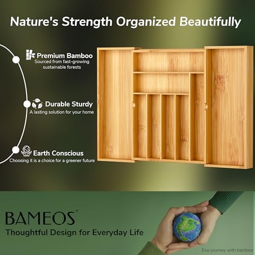 BAMEOS drawer organizer flatware organizer cutlery tray silverware organizer expandable adjustable bamboo drawer organizer kitchen bathroom - Image 5