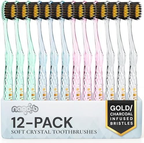 Nano-b Manual Toothbrush Set for Adults with Sensitive Gums, Gold & Charcoal Soft/Medium Bristles, Travel Cases, Blue, Pink, Green, Crystal, 12-Pack by Nano-bPremiumOralCare