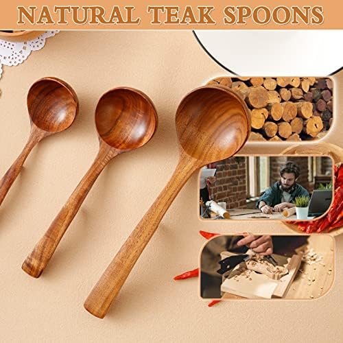 3Pcs Wooden Ladle for Soup, 3Size Natural Teak Wooden Cooking Spoons, Wood Soup Spoon for Serving, Stirring, Non-Stick Heat-Resistant, Kitchen Spoon Sets for Mom and Wife Cooking Gifts - Image 3